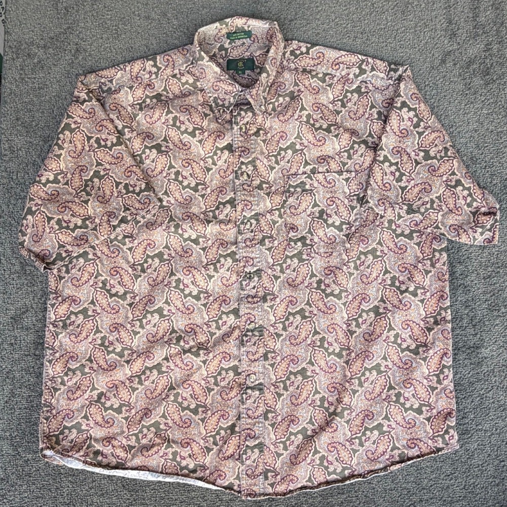 Club Room Mens XL Short Sleeve Paisley Button Down Shirt Cotton Grey Purple 3525